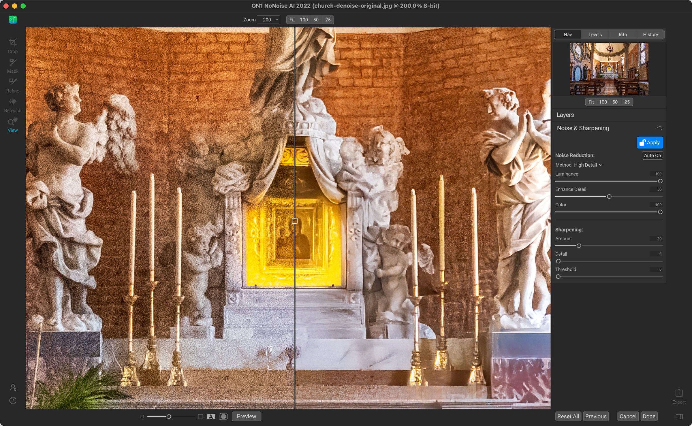 A interior photo of a church with lots of visible noise from using a high ISO.