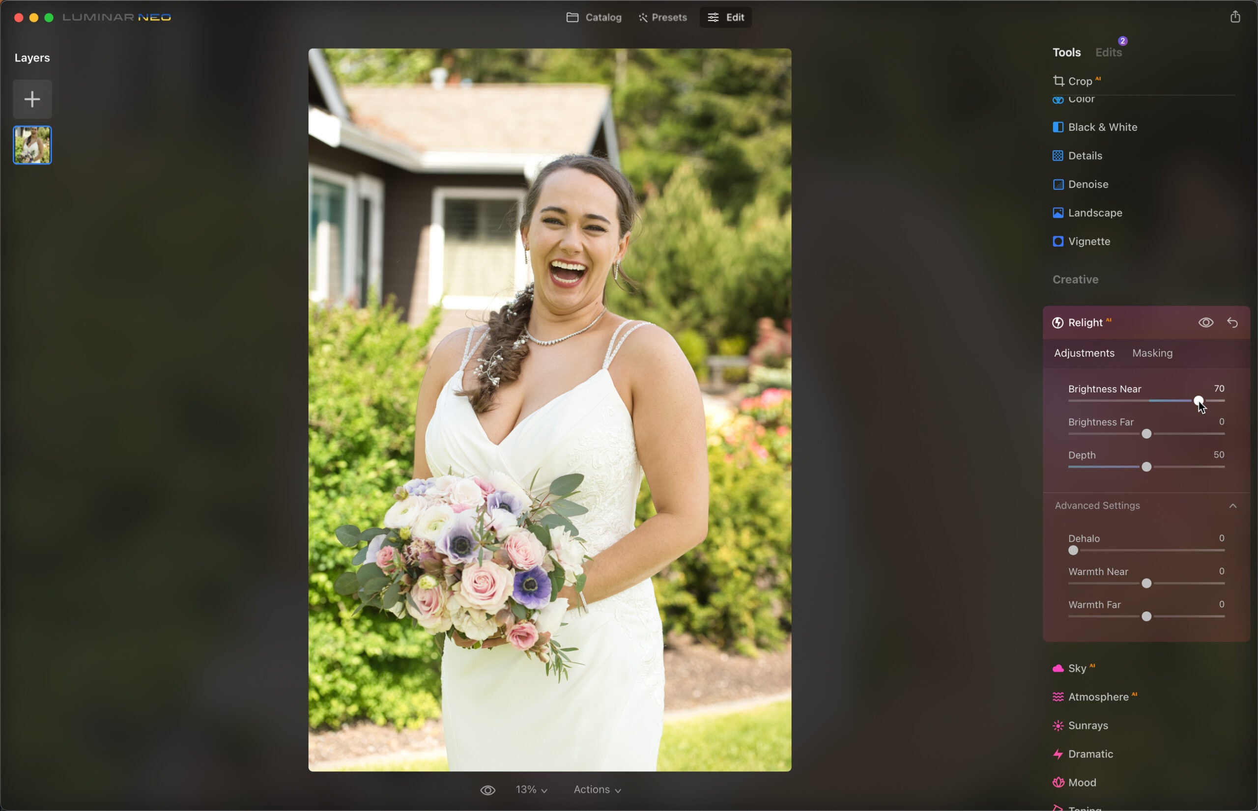 Luminar Neoâs Relight AI tool brightens the bride, which it has identified as the foreground object.