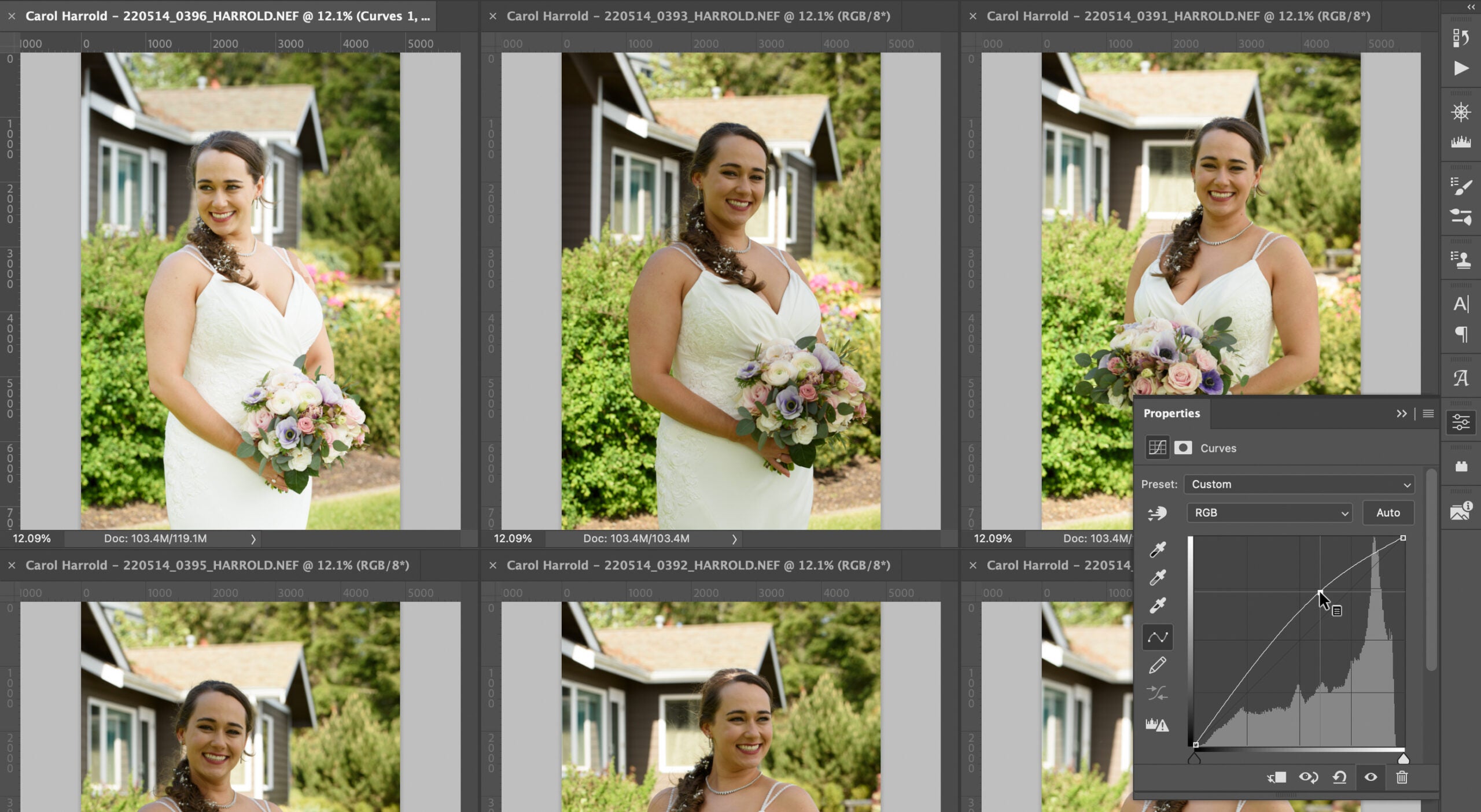 Iâm using a Curves adjustment to increase exposure on the bride in the first photo, though I could use other tools as well.