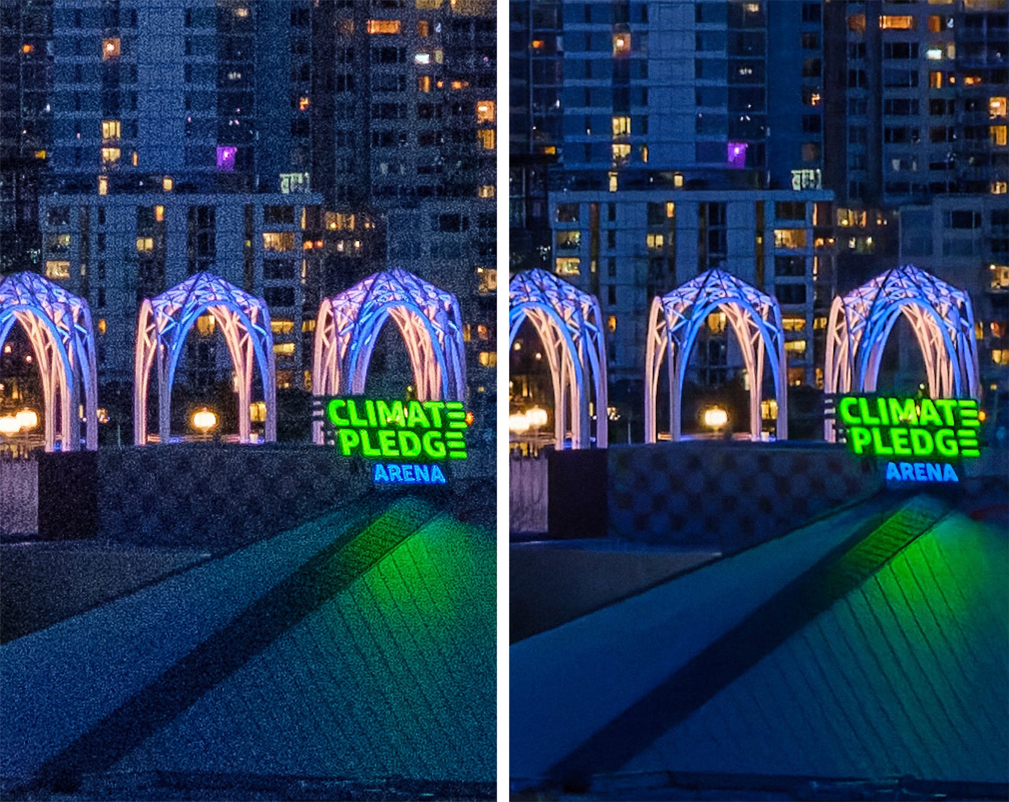 A night photos of the Seattle skyline with space needle, zoomed to 100%.